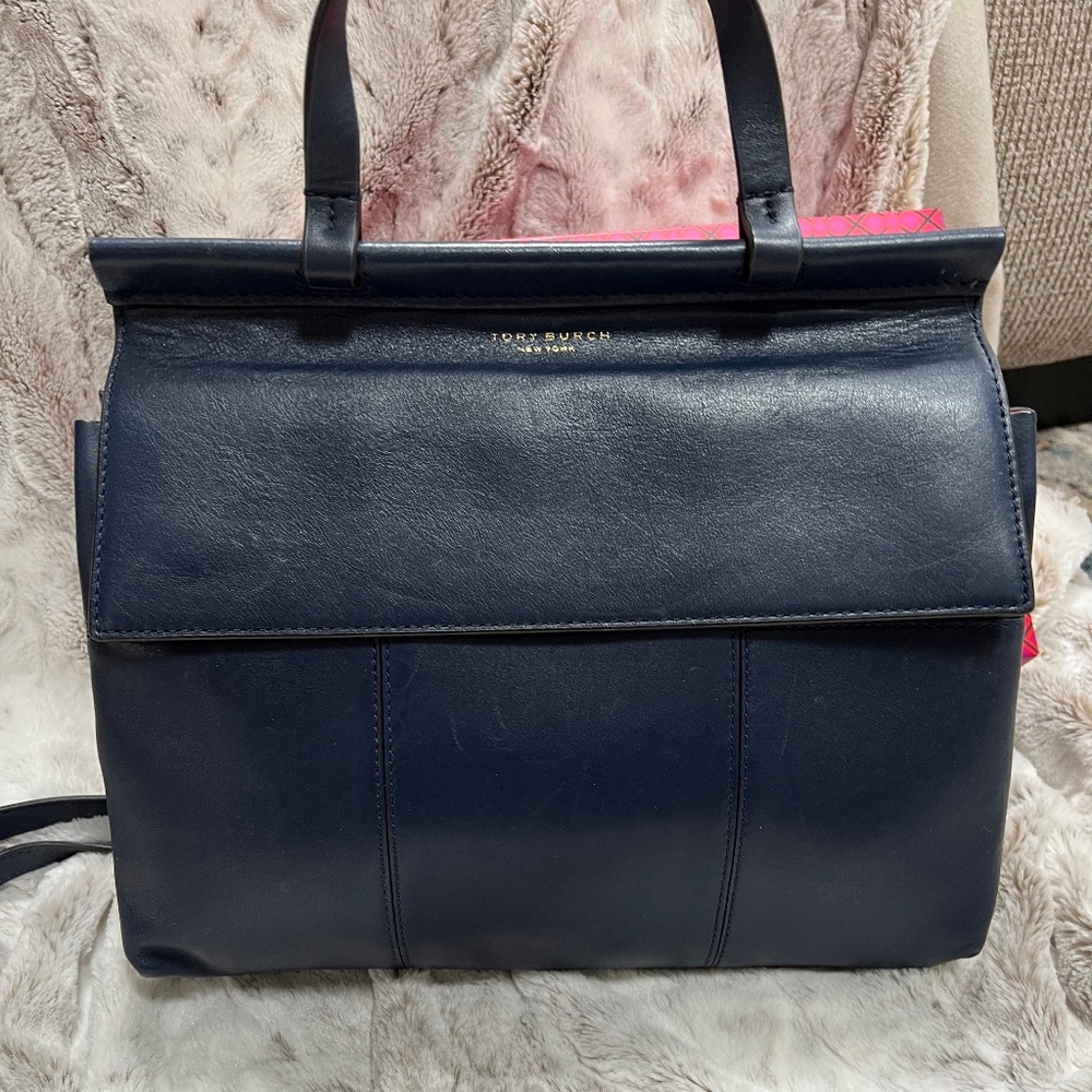 Tory Burch Block T Satchel - Navy with Red interior